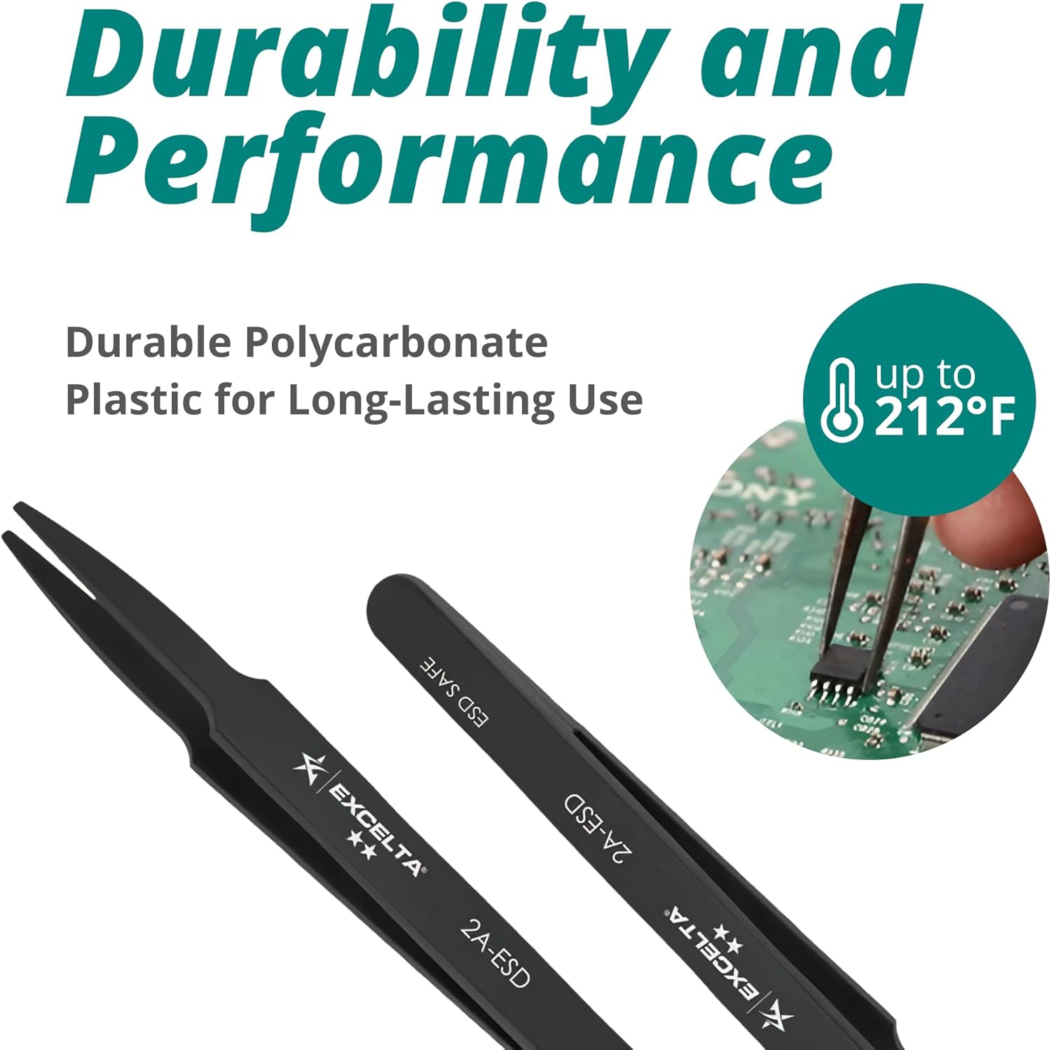 Excelta Plastic ESD Tweezers, Straight Tapered Flat Point, Anti-Static Precision Tweezers, Conductive Polycarbonate, Non-Magnetic, Heat Resistant to 212°F, 4.625 Inches, Ideal for Electronics and Labs
