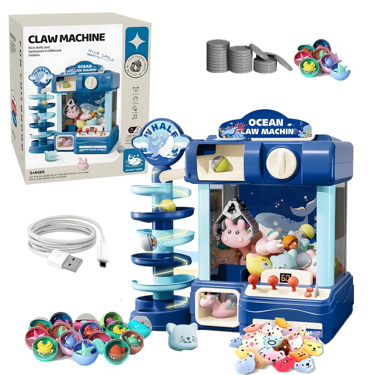Toyana Claw Machine for Kids, 2-in-1 Electronic Mini Arcade Game & Slide for Capsule Prizes, Interactive Lights & Music Gift Toy with Dual Power Mode for Children 3+ Years