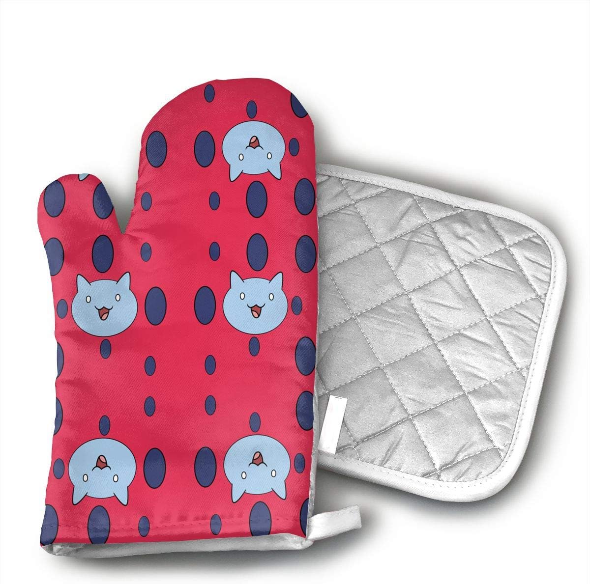 OuA6yf Catbug Pink Blue Dots Oven Mitts Pad Kitchen Cooking Microwave Pot Heat Proof