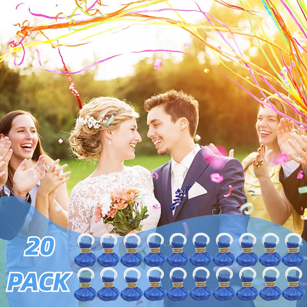 Paquete de 20 serpentinas sin ensuciar, coloridas galletas de papel sin ensuciar, para cumpleaños, bodas, fiestas (azul)