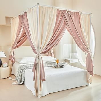 AIKASY Canopy Bed Curtains with Top Ties - Elegant Soft Drapes, Bed Canopy Drapes for Girls and Adults Bedroom Decor, Privacy Protection, Enhances Style Queen,Khaki/Dark Brown