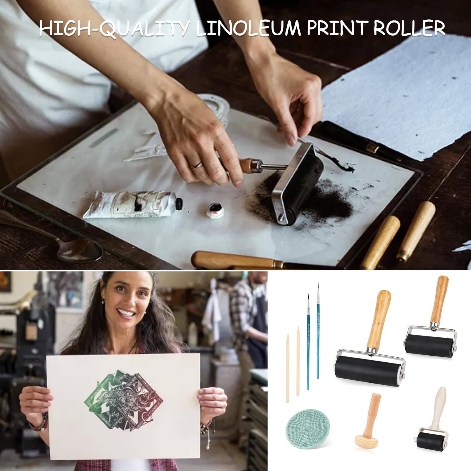 3 stuks rubberen rollers, verfroller, linoldruk, 3,5 cm/6 cm/10 cm, schilderrol, rubberen aandrukroller, brayer, roller, linolverfroller, rollers met handvat, voor inkt-kleurblok, blokdruk, stempelen