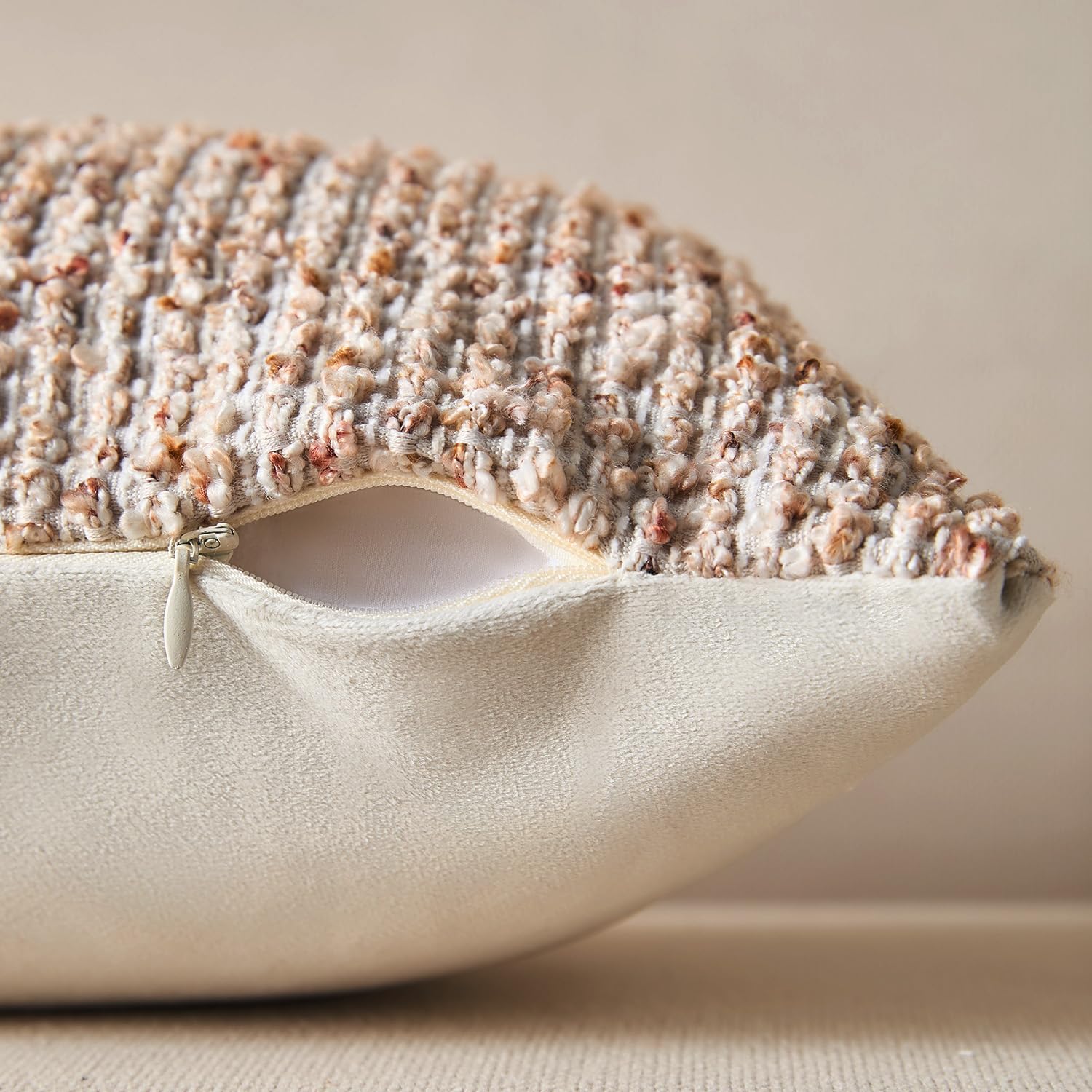 Decorative Couch Throw Pillow Covers 26x26 Beige Striped Soft Wool Pillow Covers Neutral Textured Boho Cushion Covers for Modern Farmhouse Sofa Bedroom Living Room Decor SY011-A26 - Image 2