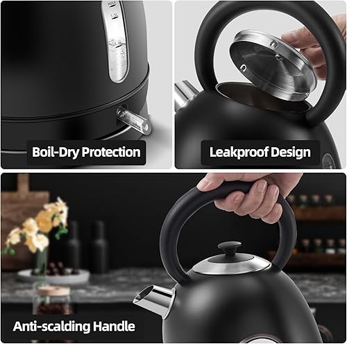 Miniatura 4 de Hervidor eléctrico de 1.7L, caldera de agua retro de acero inoxidable con medidor de temperatura y apagado automático, hervidor de ebullición rápida