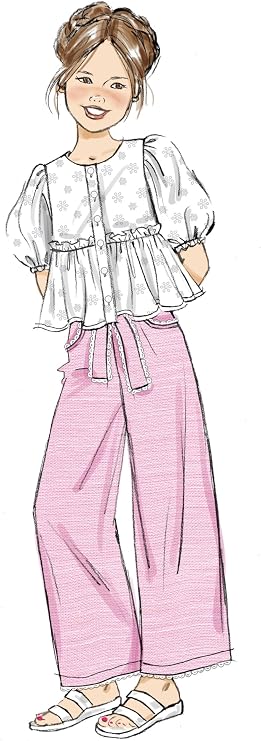 Butterick B7034A Girls' Boxy Fit Top, Pull-on Shorts, Pull-on Pants and Sash Sewing Pattern Packet, Design Code B7034, Sizes 7-8-10-12-14