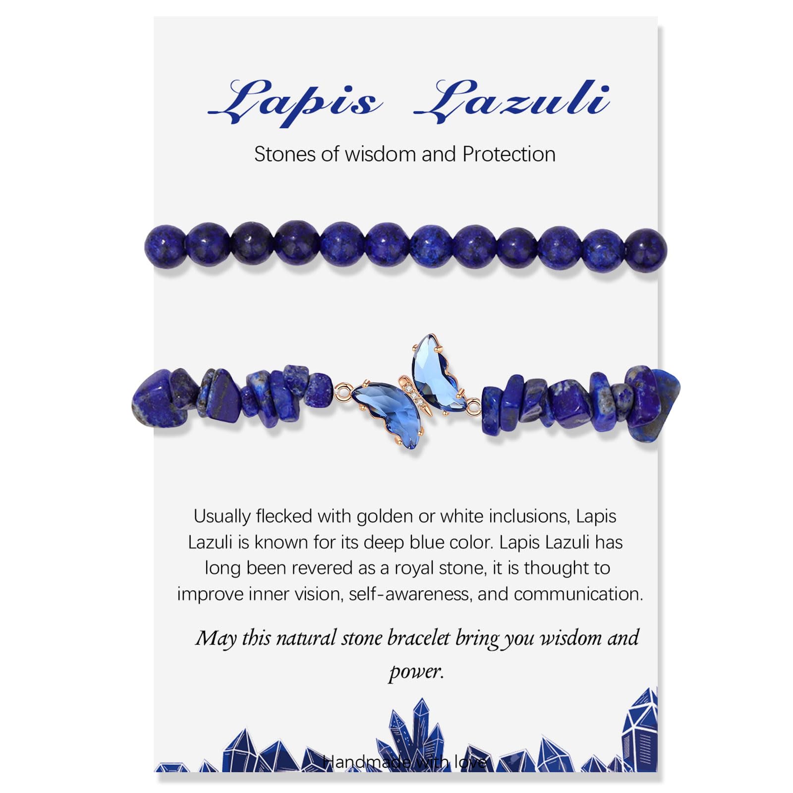 2 Stück Verstellbare Schmetterlings Lapislazuli Armband für Damen, 8mm Natürliche Edelstein Armbänder Kristall Heilsteine Perlenarmband Schmuck Geschenke für Muttertag Geburtstag Weihnachten