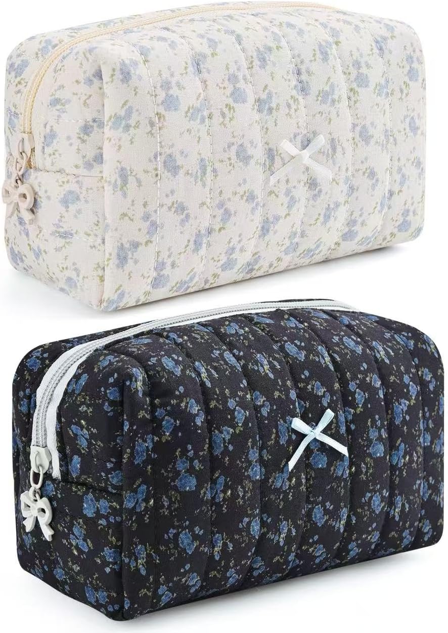 2 Pack Puffy Quilted Makeup Bag Set,Floral Quilted Makeup Pouch,Coquette Cotton Toiletry Bag for Travel Women Girl, Flower Cute Pouch Travel Toiletry Bags,Aesthetic Travel Cosmetic Bags