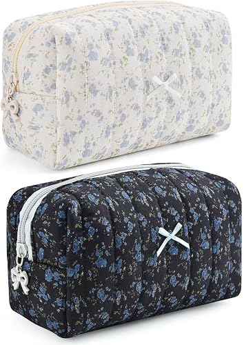 2 Pack Puffy Quilted Makeup Bag Set,Floral Quilted Makeup Pouch,Coquette Cotton 