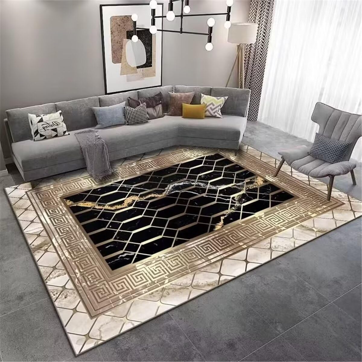 Tapis de salon géométrique noir et jaune 80x150 tapis bebe XXL sous table durable