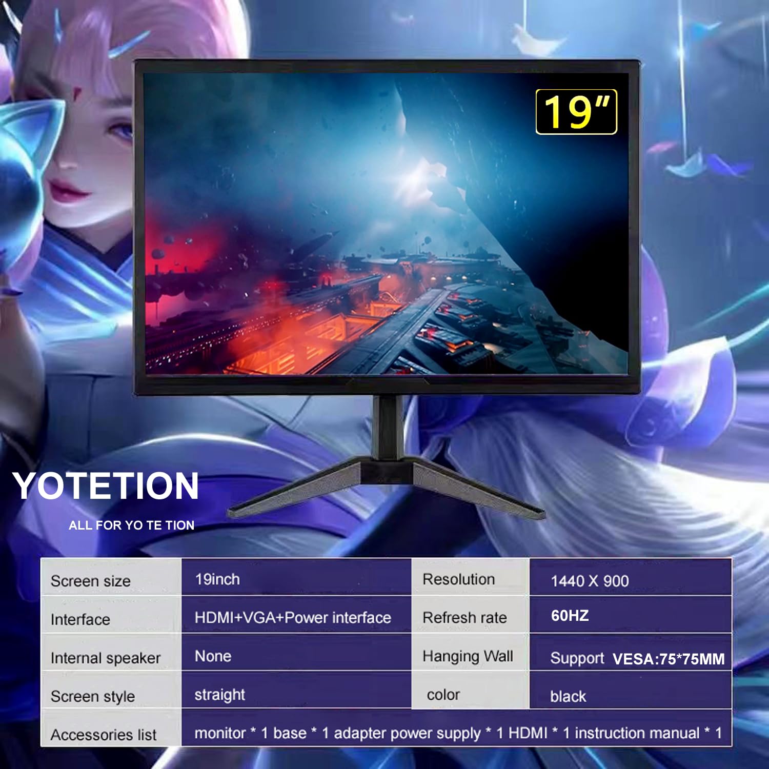 Monitor HD da 19" (1440 x 900), frequenza di aggiornamento 60Hz, HDMI x1, VGA x1, piccolo monitor sottile per laptop, computer e desktop, display LED, connessione