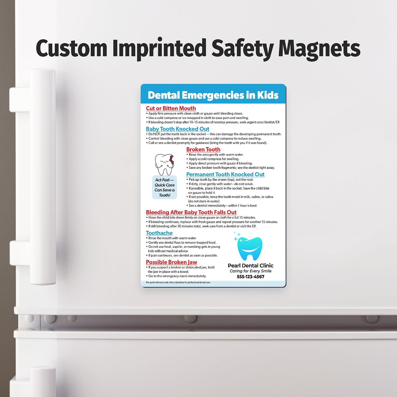 Safety Magnets by ZOCO – 100-Pack Custom Child Dental Emergency Magnets – Personalized with Logo and Text – Promotional Handout for Pediatric Dentists – 5"x7"
