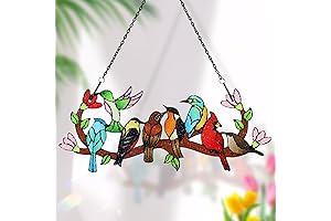 Huray Rayho Birds On Branch Stained Glass Suncatcher Cardinal Hummingbird Kingfisher Double...