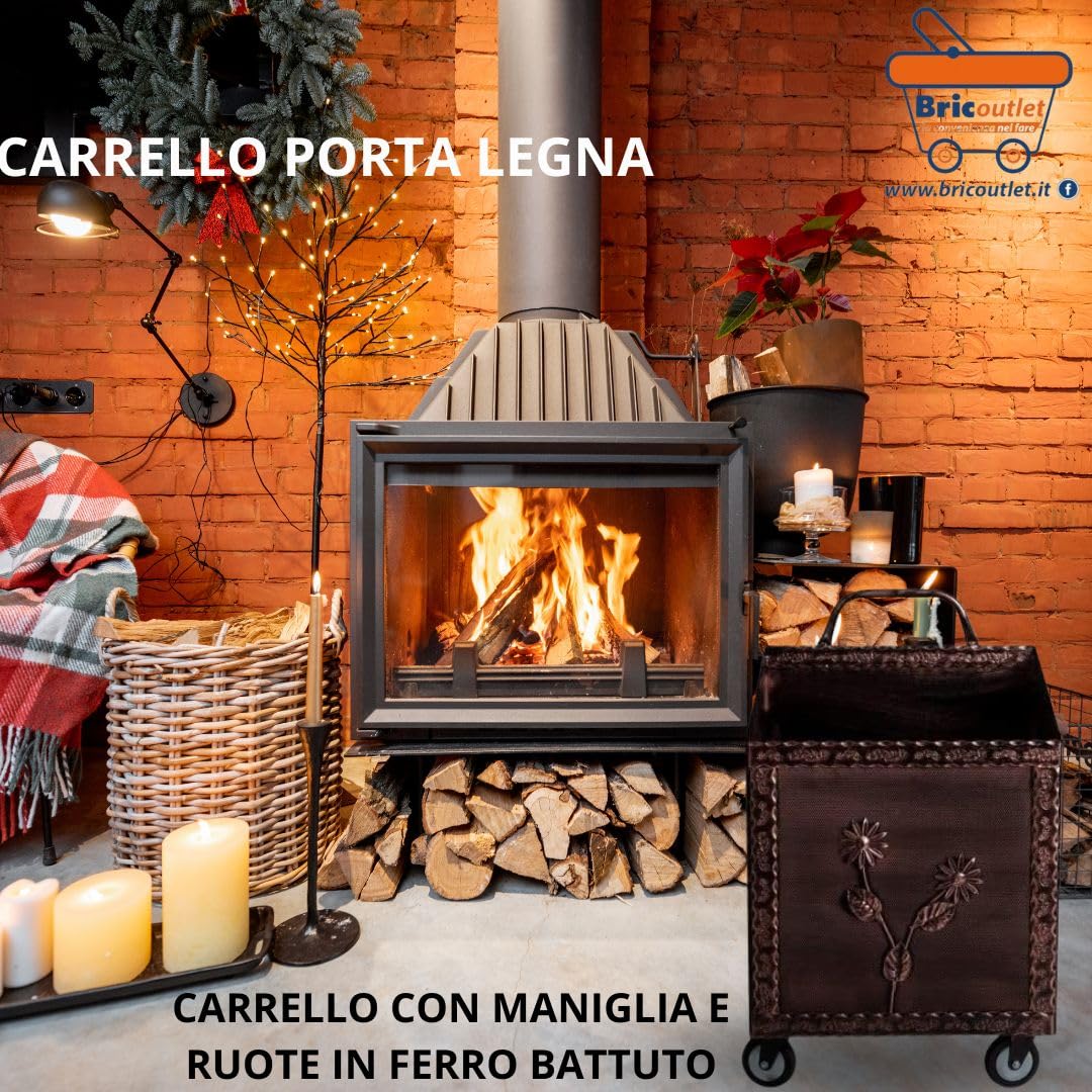 Carrello Porta Legna in Ferro BATTUTO 43x37x72hcm con Ruote RAME - Cesta per legna
