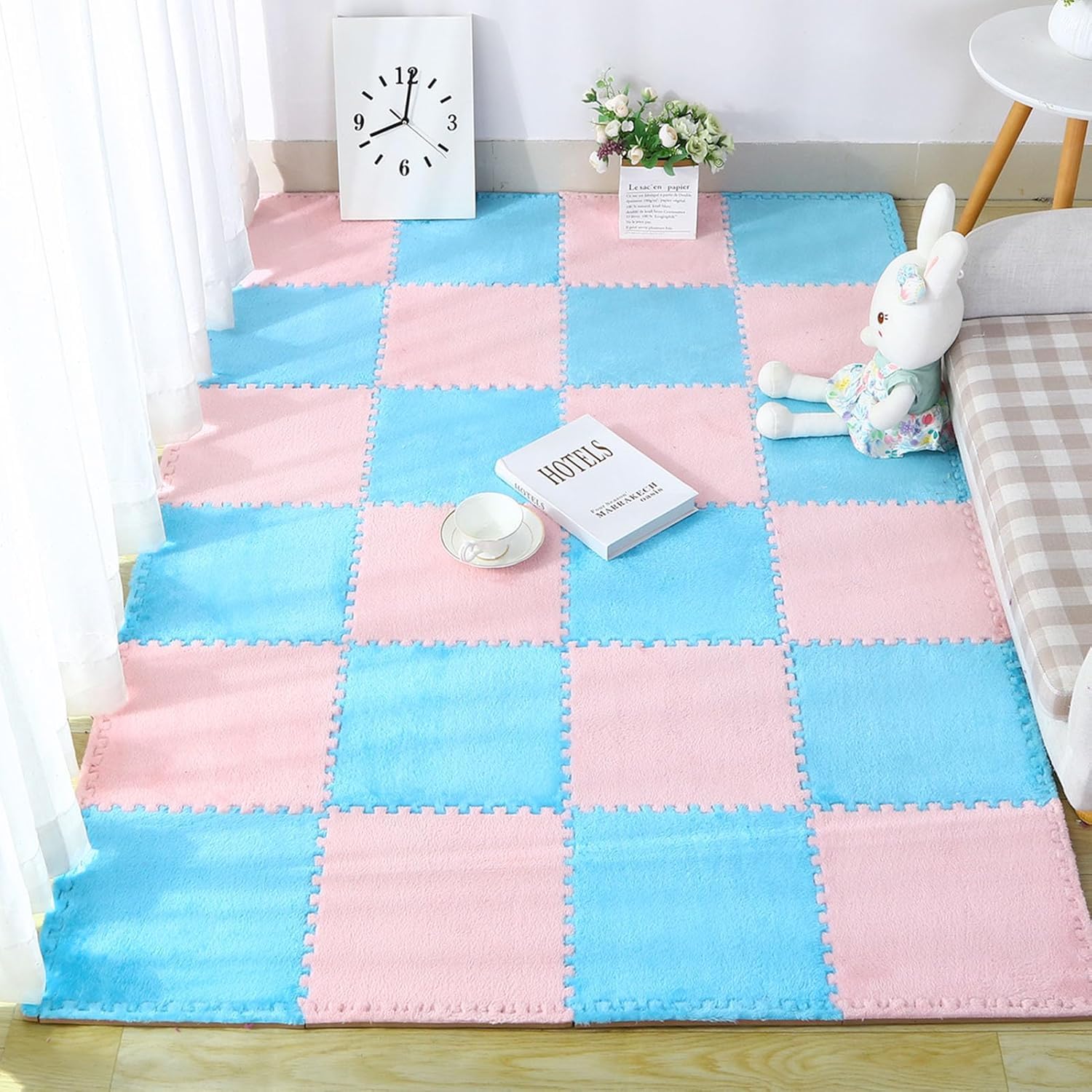 LoiYtrd 16 Pieces Foam Play Mat With Border Interlocking Plush Puzzle Carpet Tiles 30x30cm Square Foam Mat(Blue+Pink)