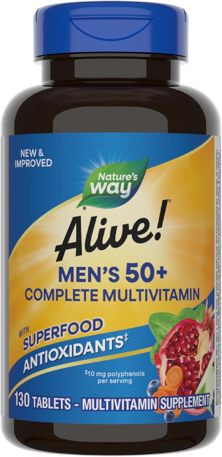 Nature’s Way Alive! Men’s 50+ Complete Multivitamin, Supports Multiple Body Systems*, Supports Cellular Energy*, High Potency B-Vitamins, Gluten-Free, 130 Tablets (Packaging May Vary)