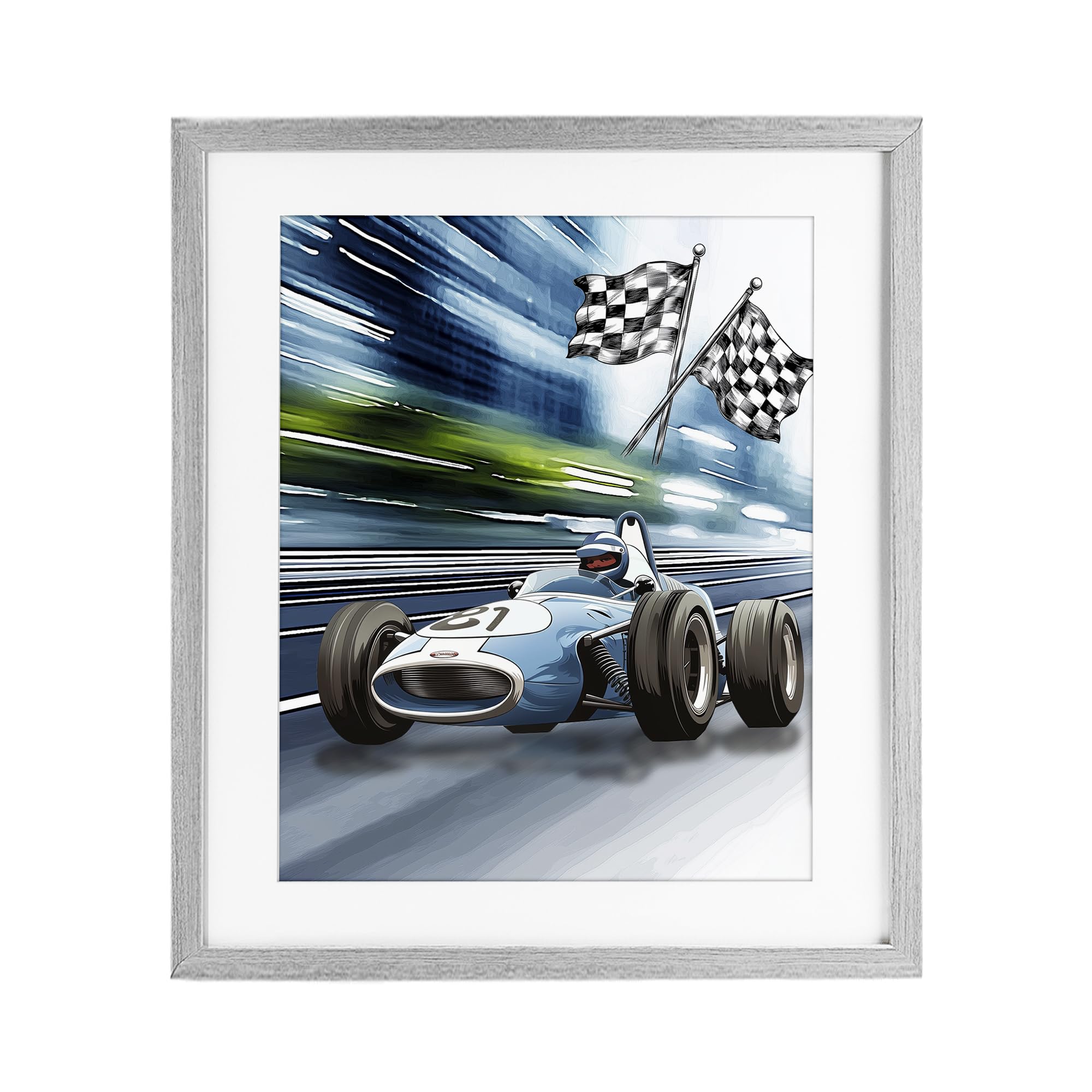 Stupell Industries Farmhouse Gray (Textured) 'Speedy Racecar With Flags'| Framed Print Under Glass