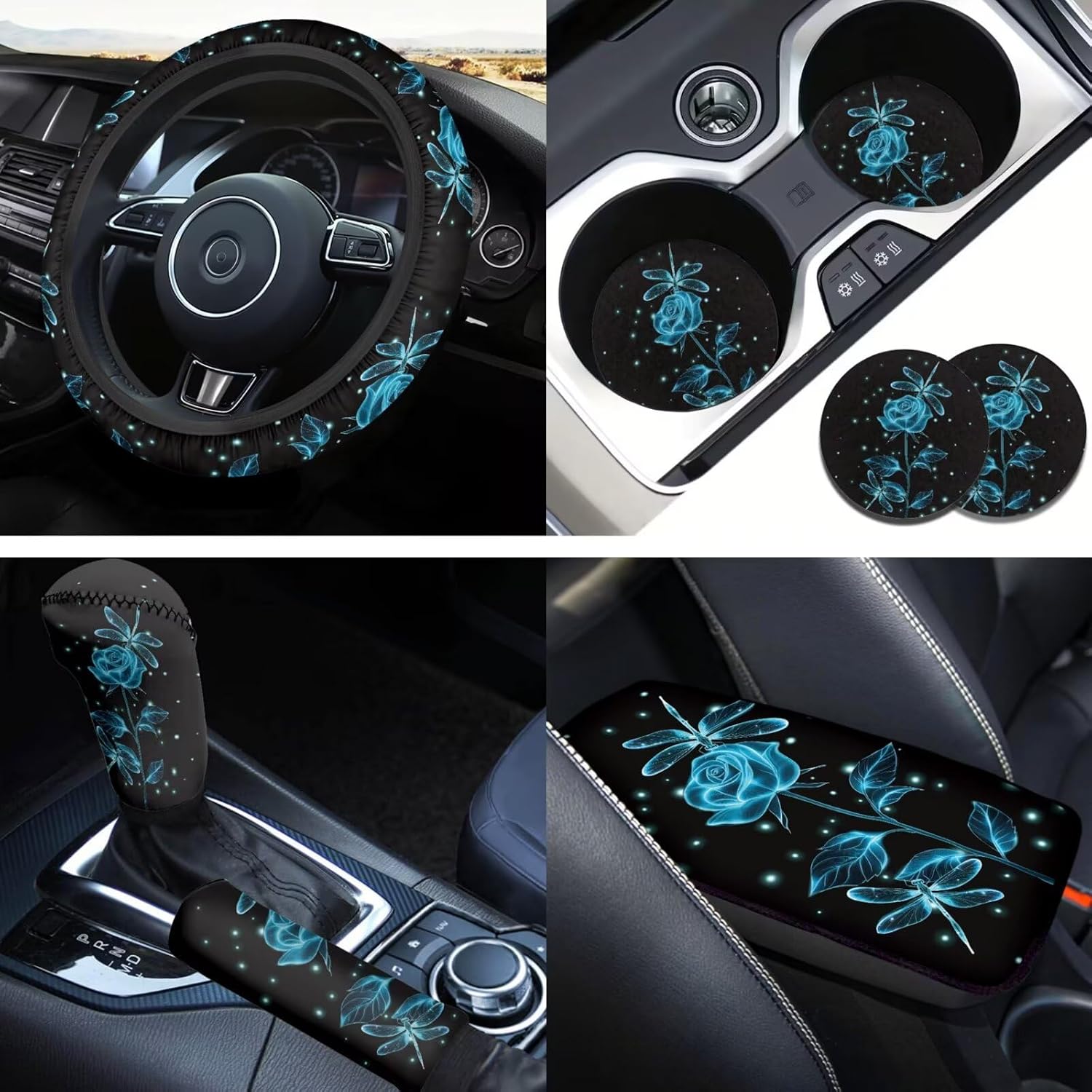 Blue Rose Print 6pcs Car Steering Wheel Cover Set for Men Women Dragonfly Cup Coaster Handbrake Gear Cover Armrest Cover Fits Most Cars Trucks Vans SUV