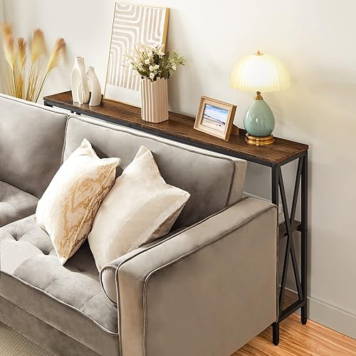 Miniatura 5 de Mesa de sofá de 55 pulgadas, mesa consola industrial, mesa auxiliar estrecha de 3 niveles con estantes abiertos, mesa de vestíbulo para entrada,