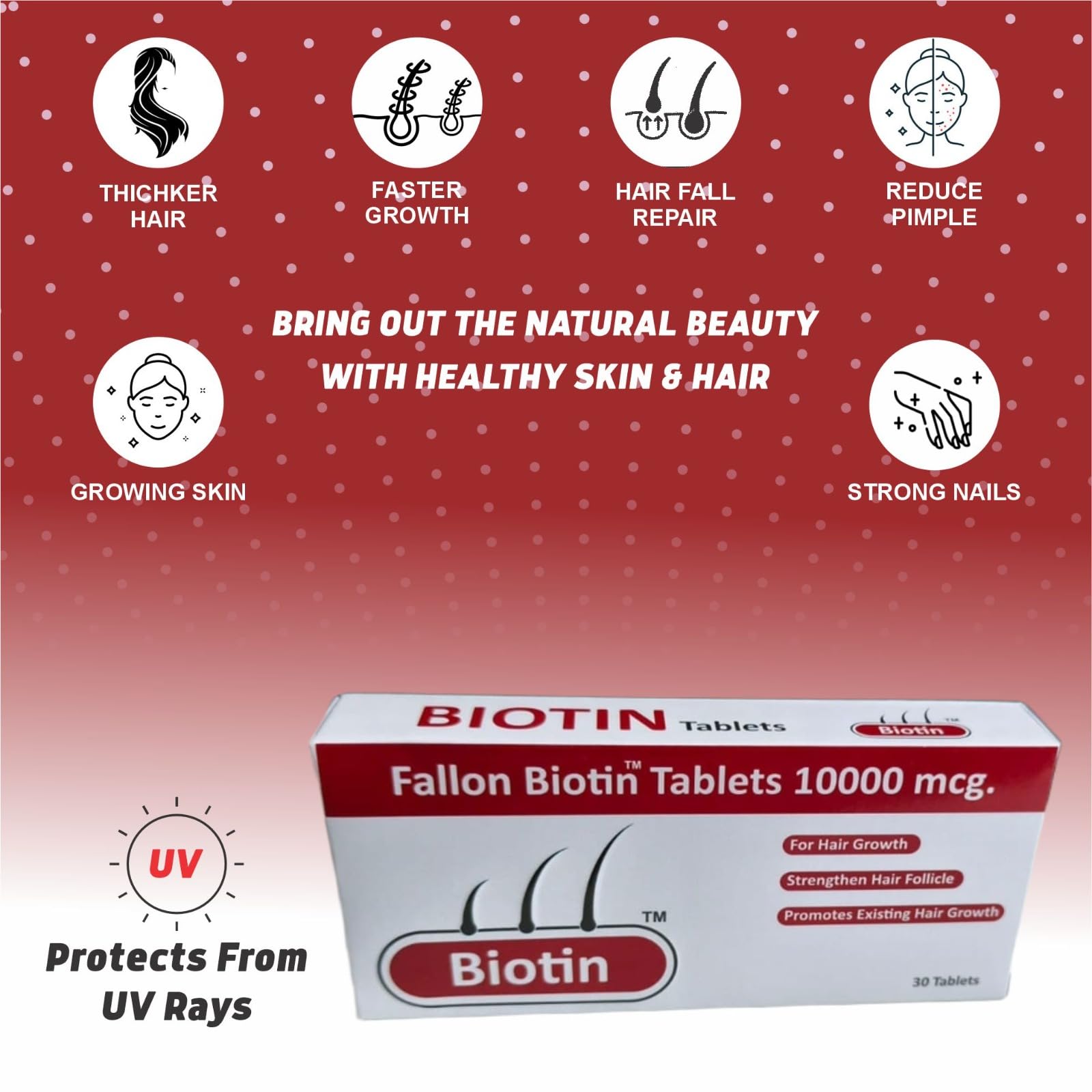 Fallon Biotin Tablets – 10 x 3 Pack | Tablets For Healthy Hairs, Nails & Skin | 30 Days Pack of Biotin Supplement | Suitable For Men & Women Both | — Amazon image 2