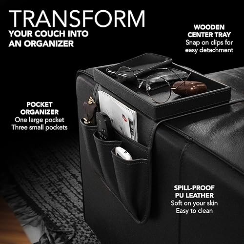 Miniatura 4 de Organizador de sofá con bandeja de madera desmontable para colchones reclinables, reposabrazos de silla con 4 ranuras, 1 bolsillo grande y 3 Negro