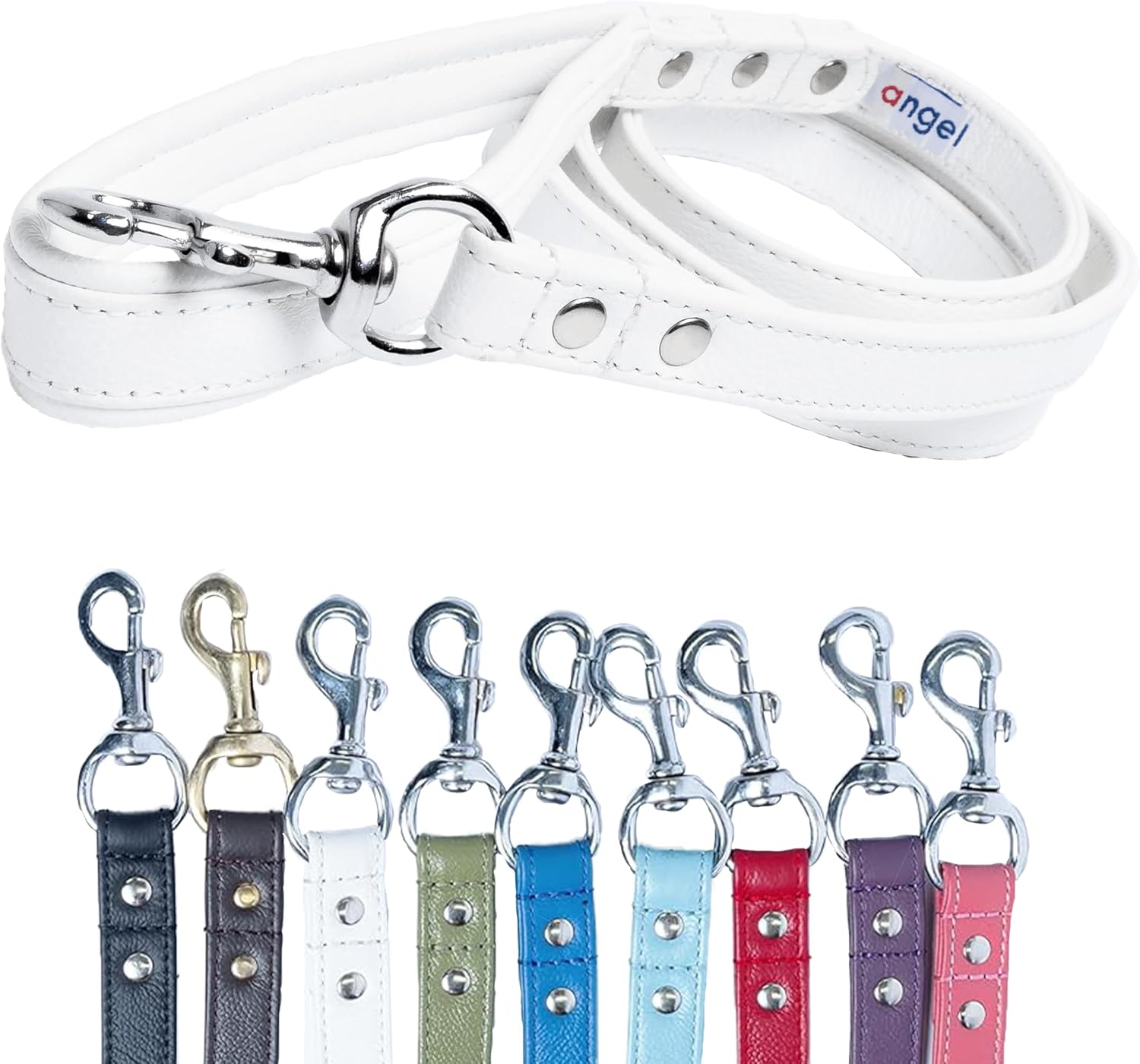Angel, Alpine Leash, 100% Genuine Leather, Ivory White, 72" x 1", Padded Handle, Brass Snap Hook, Double Ply, Soft and Durable, 6 Foot Leash