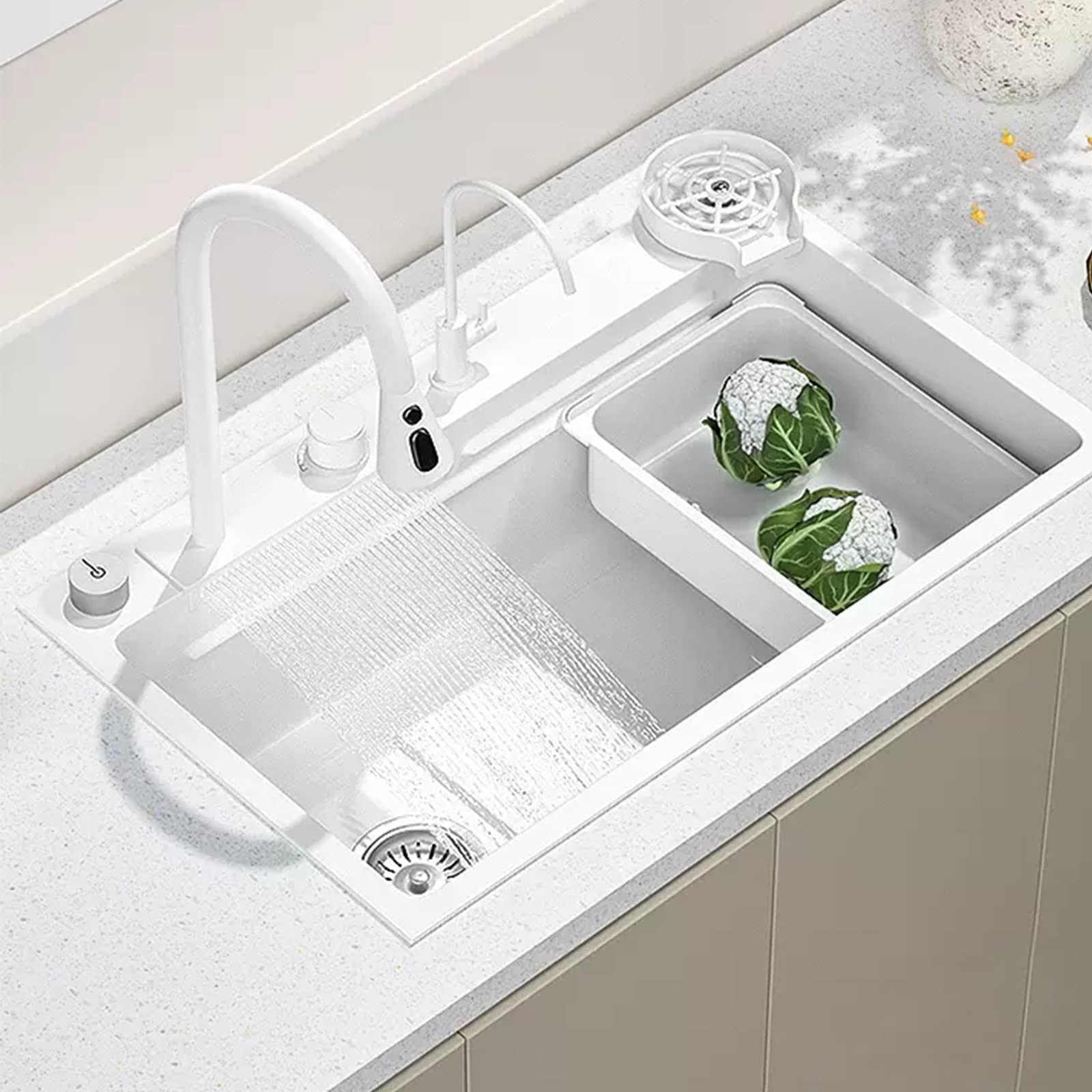 ZQFHSX Stainless Steel Sink White With Waterfall Pullout Faucet Kitchen Single Bowl Knob Control Drain Complete Accessories (Size : 68x45x22cm)