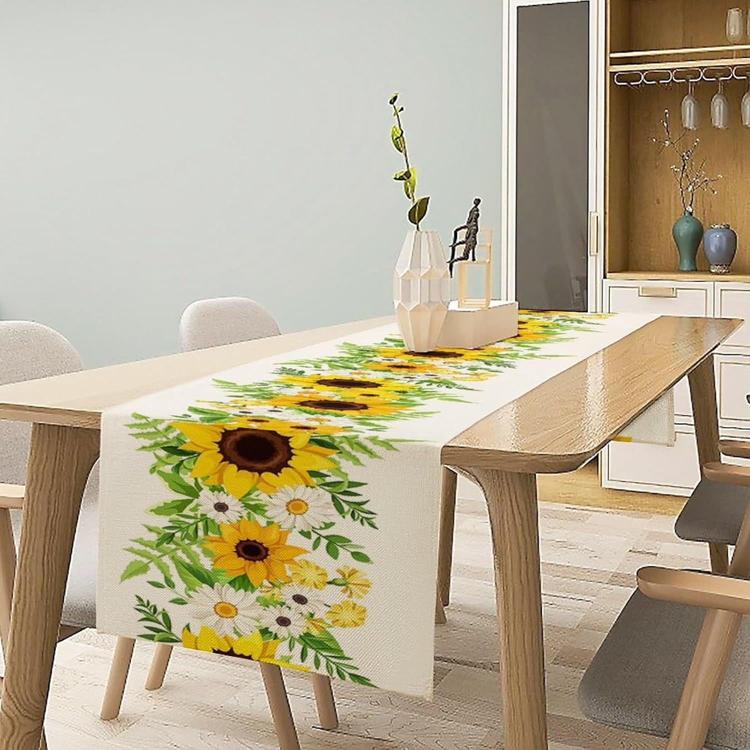 Floral Table Runner, Boho Yellow Floral Sunflower Spring Wildflowers Dining Table Decor for Daily Us 13x120Inch