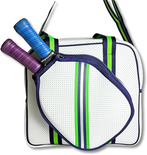The Tie Hub White and Green Neoprene Pickleball Bag with Paddle Holder and Adjustable Shoulder Strap Sport Tote for Men an...