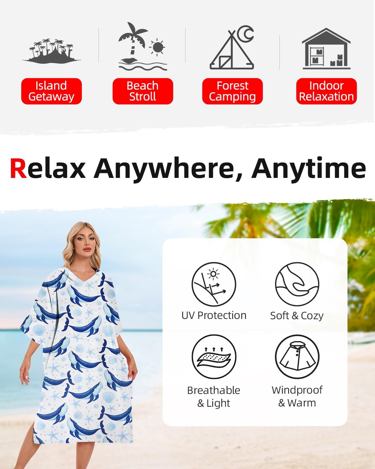 Abahub Surf Poncho Men & Women Towel Poncho Adult with Hood, Thick Quick Dry Changing Poncho Towel, Microfiber Wearable Cover Up for Surfing Beach Swim - Absorbent Changing Towel L (Blue/White)