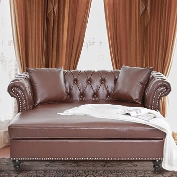 63" Loveseat Chaise Lounge Couch with 2 Pillows, Upholstered PU Leather Oversized Chaise Lounge Indoor Sofa with Tufted Back, Rolled Arm 2-Seater Couch for Living Room Office Brown