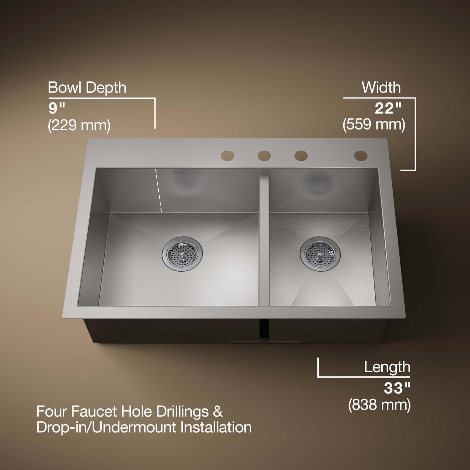 Diagram showing the dimensions of the KOHLER Vault sink: 9 inch bowl depth, 22 inch width, and 33 inch length. Also indicates four faucet hole drillings and drop-in/undermount installation.