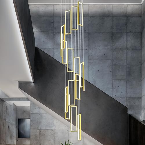 Miniatura 49 de Lámpara colgante moderna para isla de cocina, regulable, color negro, 54 W, luces colgantes LED, 4 anillos, candelabros rectangulares, escalera