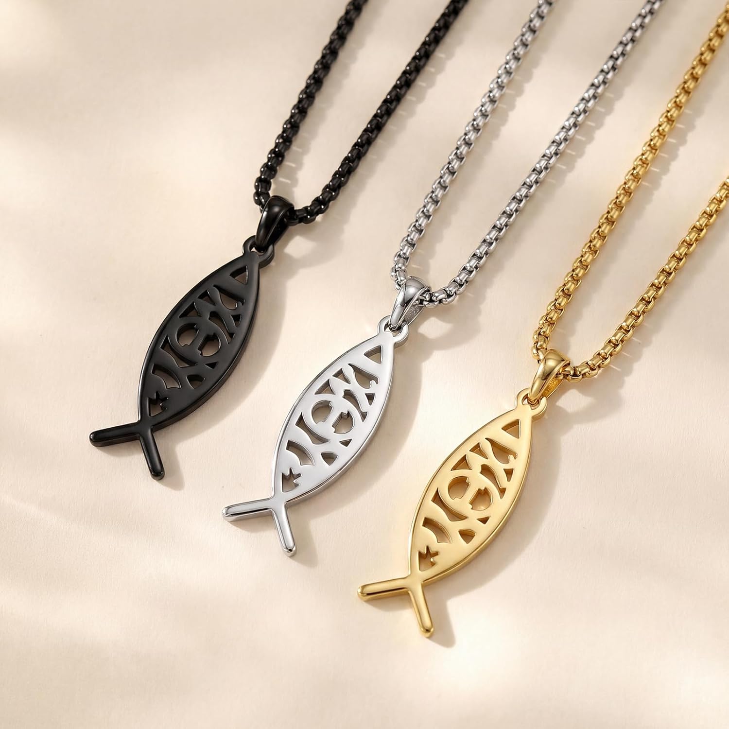 Jesus Fish Necklace Stainless Steel Christian Fish Pendant Necklace Christian Religious Jewelry Gifts for Men Women Father Husband 22+2”