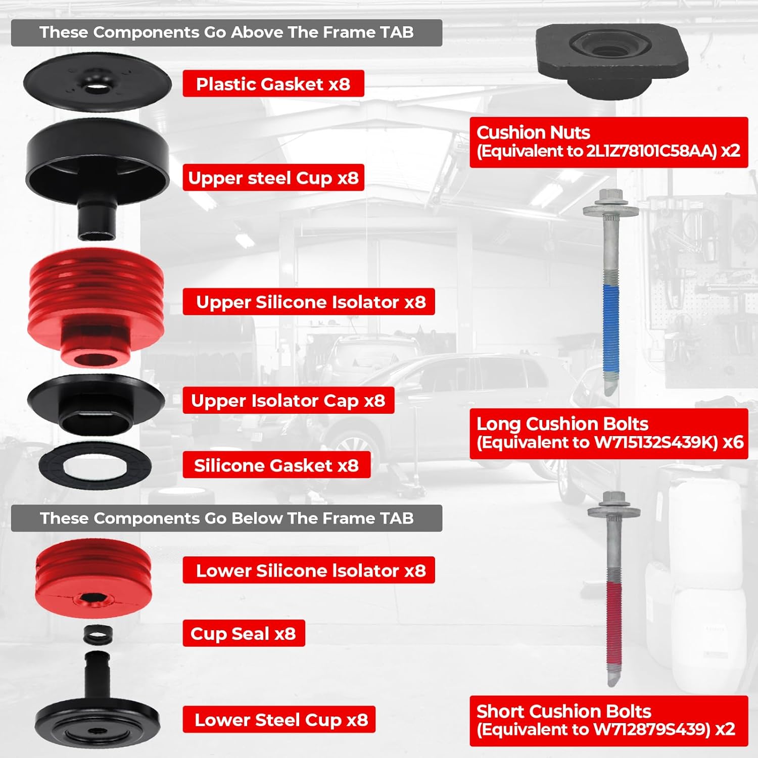 Body Mount Bushings Kit for 2008-2016 Ford F-250/F-350 Crew Cab Protection Kit Body Mounts with Cab Body Assembly Mount Cushion Bolts Comfort Outlasts Silicone Mounts 8 Piece(Red)