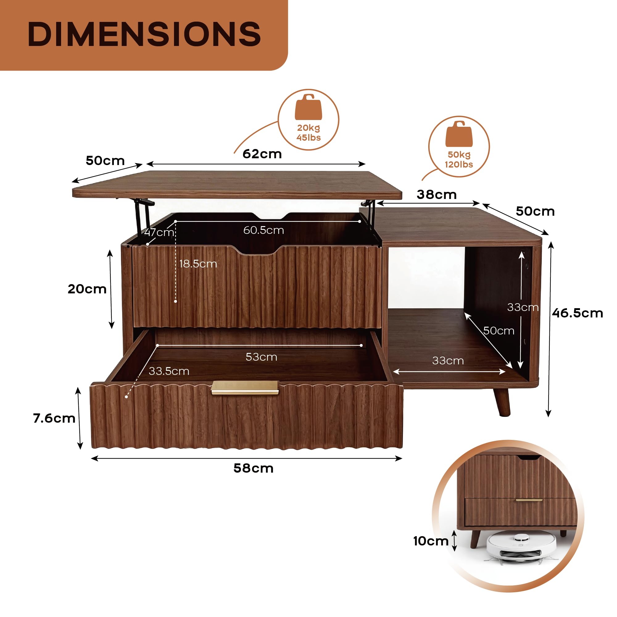 DAWYNIELD Mesa de Centro Elevable, Diseño Acanalado – con Compartimento Oculto y Cajón, Mesa de Madera con Estante Abierto, Mesa de Comedor Ahorradora de Espacio para Salón, Color Roble