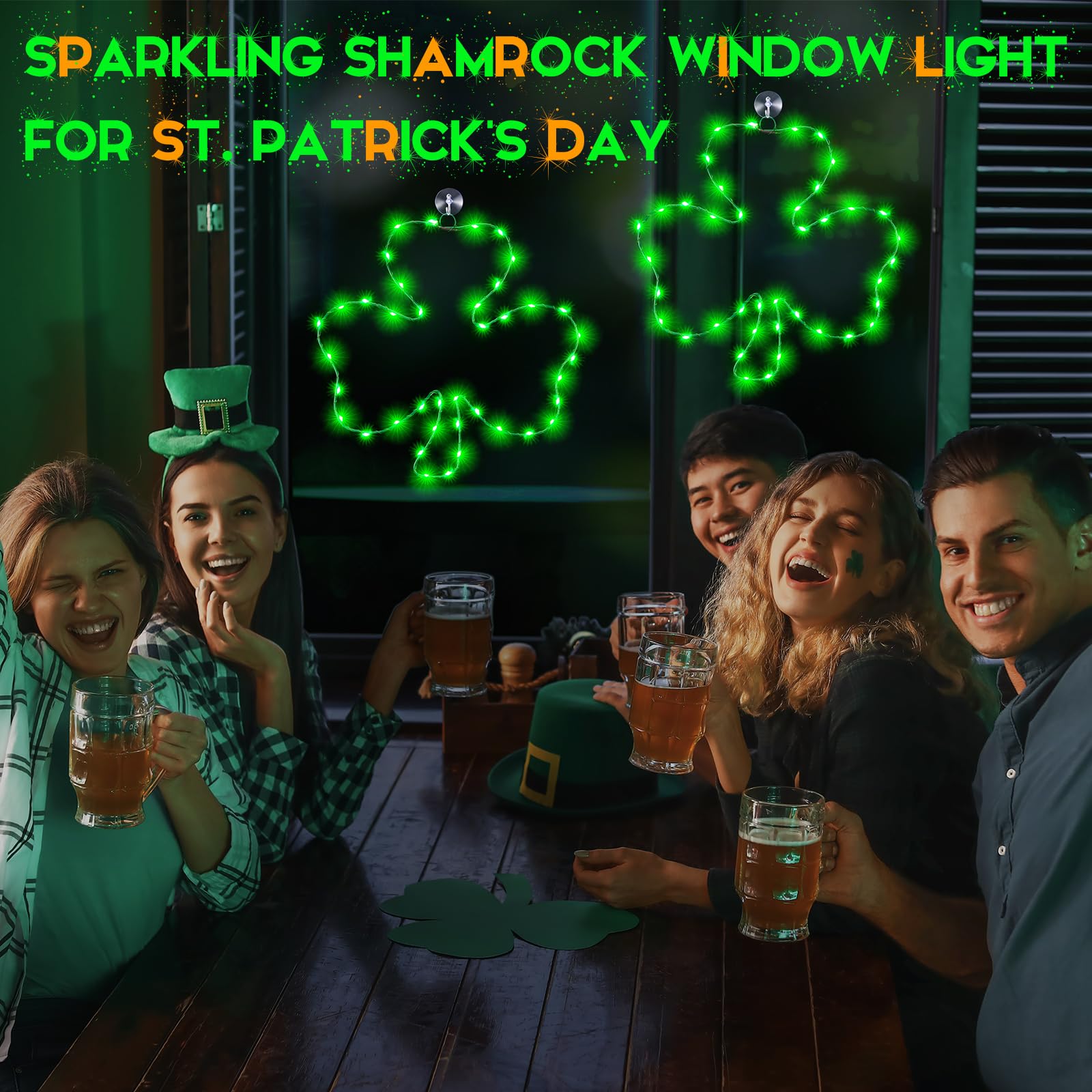 2 Set Lighted Window Decoration for St. Patrick's Day, 15.8 Inch 40 LED Irish Green Clover Shamrock Shaped LED with Iron Frame, Battery Operated Window Leaf Shaped Lights