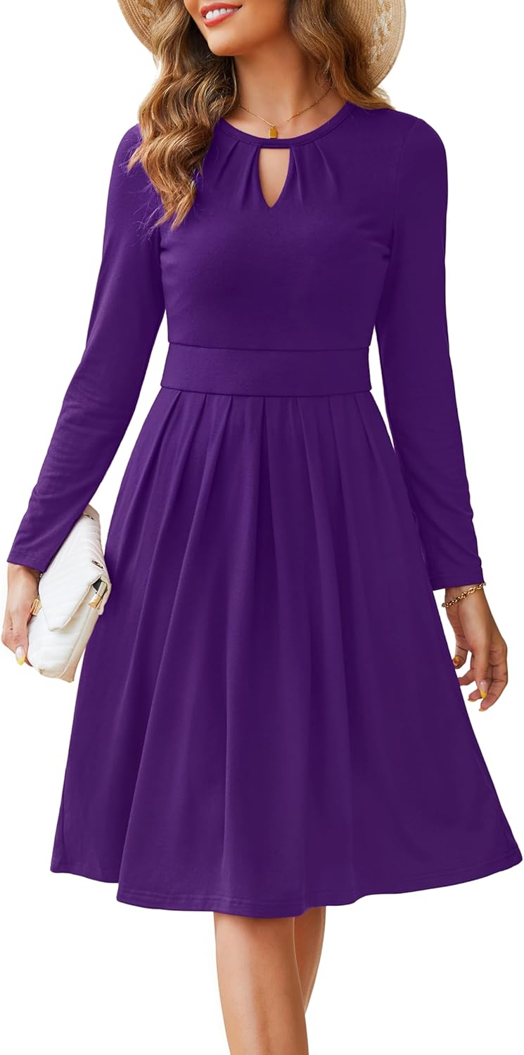 Annebouti Womens 2026 Spring Long Sleeve Keyhole Neckline A-Line Pleated Casual Semi-Formal Midi Dress with Pockets