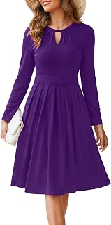 Womens 2025 Fall Long Sleeve Keyhole Neckline A-Line Pleated Casual Semi-Formal Midi Dress with Pockets
