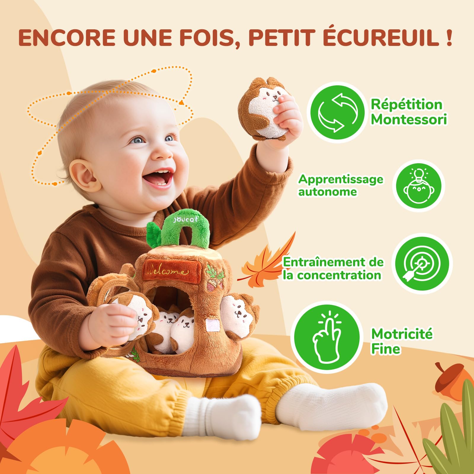 JoyCat Jouet Bebe 6-12 Mois, Cabane en Peluche avec 5 Écureuils, Hochet, Miroir, Jouet Sensoriel Montessori Bébé 6 Mois, Cadeau Bebe Enfant Garçon et Fille 1 an