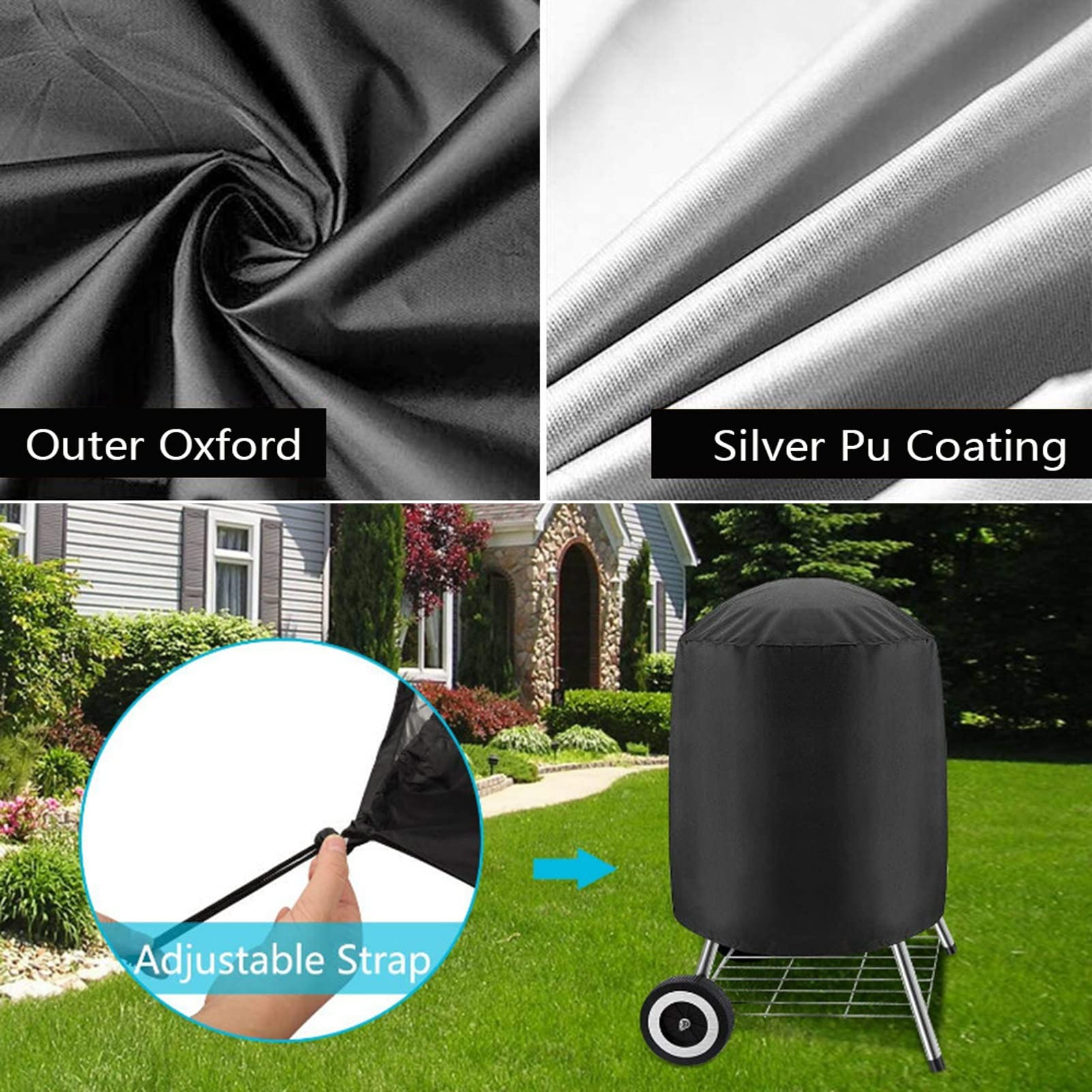 Copertura impermeabile per barbecue con Dstring RoundProtect, antivento e resistente ai raggi UV, 210D, 90 x 85 cm, colore: nero, accessorio per barbecue all'aperto