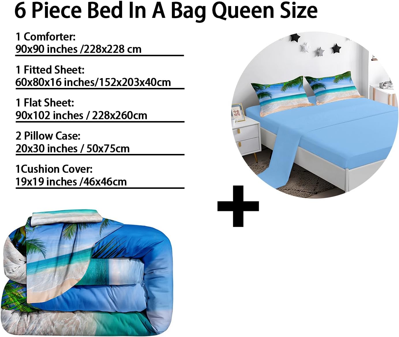 BDUCOK Ocean Comforter Queen Size 6 Pieces Beach Bed in a Bag Set Tropical Palm Tree Hawaii Ocean Blue Comforter Set Sunny Beach Coastal Nature Theme All Season Comforter Set 3003-Queen 6Pcs