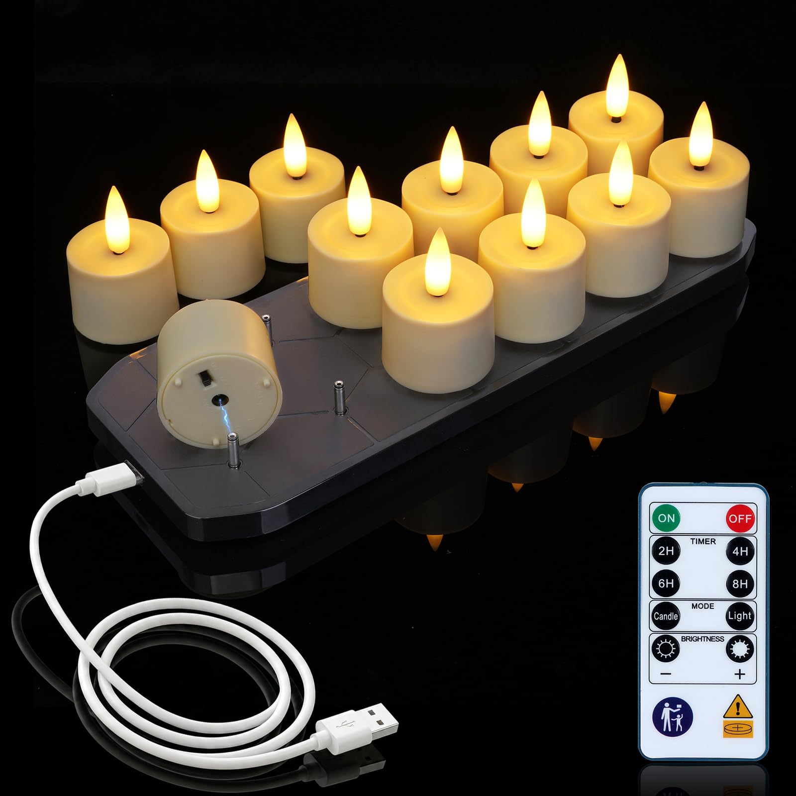 Homemory 12er wiederaufladbar teelichter mit Ladestation, USB Kerzen | Aufladbar Kerzen,Timer, Fernbedienung, 2 Std. Ladezeit, bis zu 100 Std. Leuchtdauer,Hochzeit Tisch Empfang Halloween