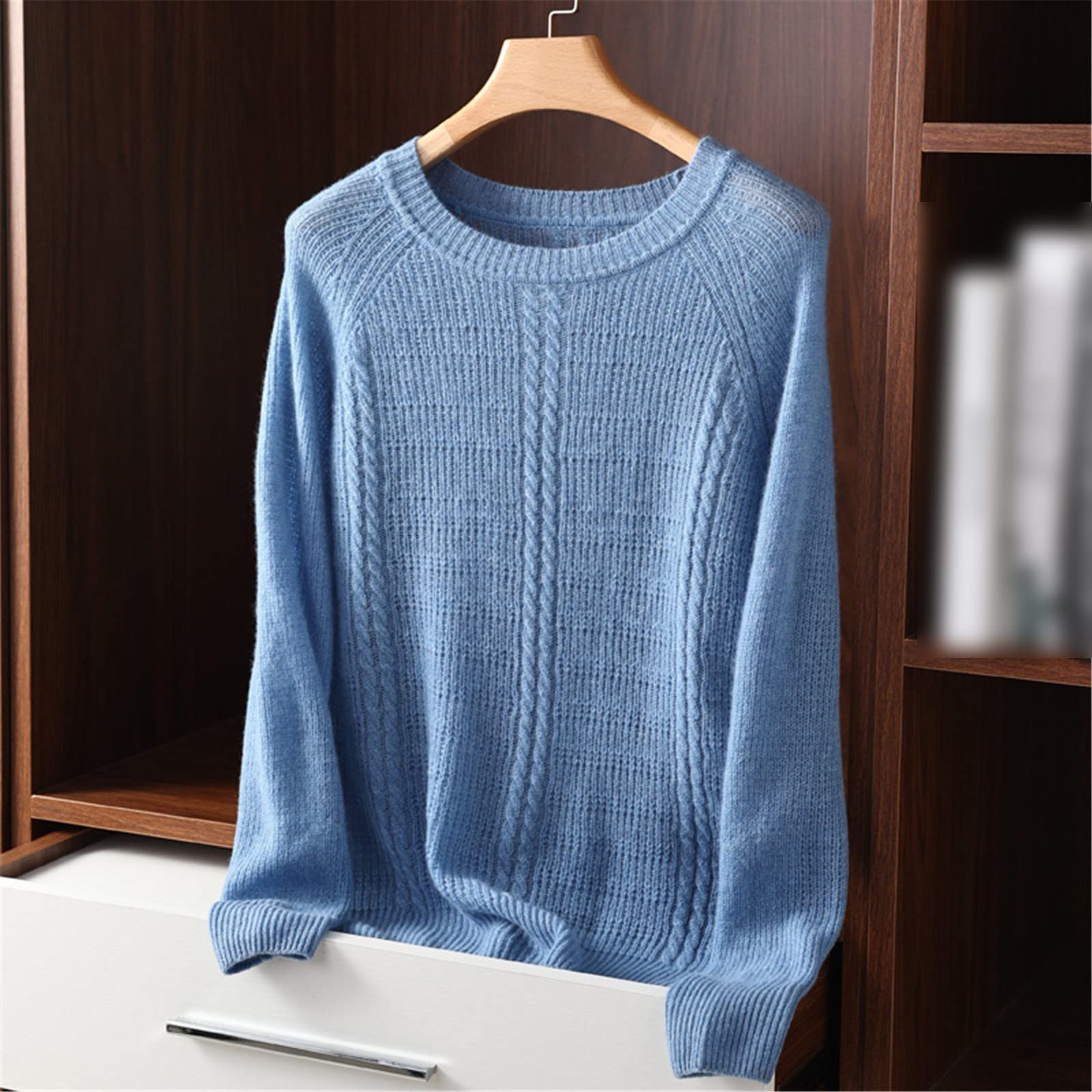 Kelsiop Primavera y otoño 100% suéter de cachemira de las mujeres suéter de cuello redondo casual de punto suelto de moda suéter cálido, azul, S