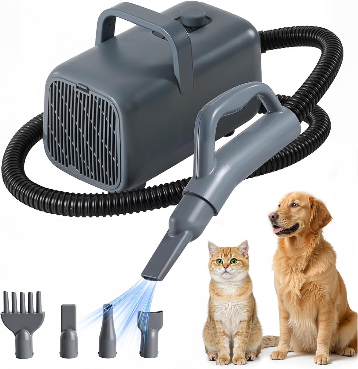 Pet Blow Dryer Grooming Vacuum Kit, 6.5 FT Cord, 4 Nozzles | Dog Low Noise Hair Dryer with Adjustable Wind Speed & Heater Temperature, Cool-Warm-Hot Cycle Mode, Grey