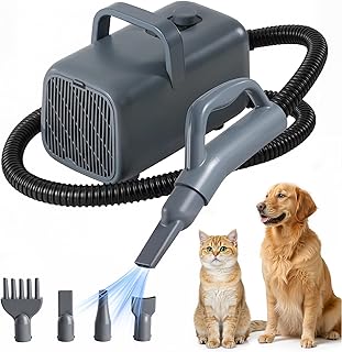 Dog Hair Dryer, Grooming Heat 1550W High Velocity Pet Blow Dryer, Speed Temperature Adjustable Dog Blower Grooming Dryer with 4 Nozzles