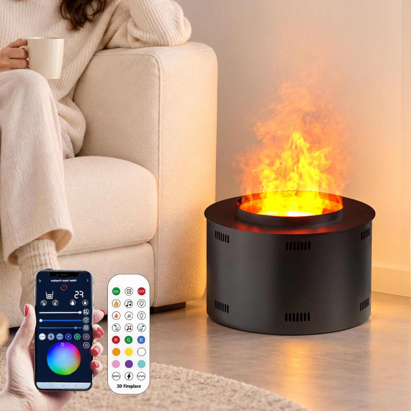 Insert cheminée 3D Brume d'eau | Cheminée Ronde encastrable Vapeur d'eau avec Flamme réglable | Minuterie, cheminée électrique pour comptoirs, Tables et déco de Salon 35cm/13.8in-Red