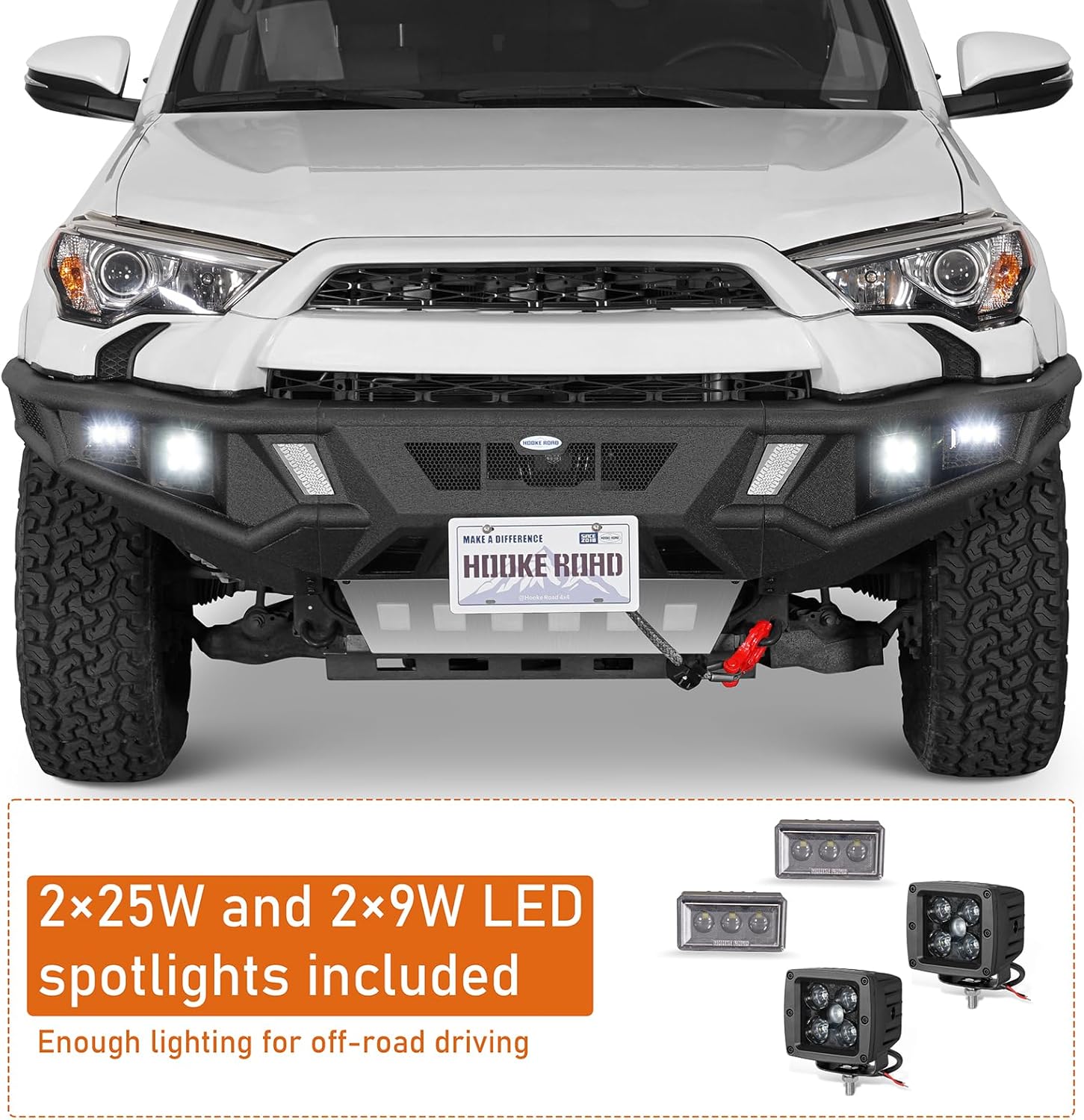 Hooke Road 5th Gen 4Runner Front Bumper for 2014-2024 Toyota 4Runner, Offroad Steel Bumper Guard with Winch Plate, LED Lights, Skid Plate