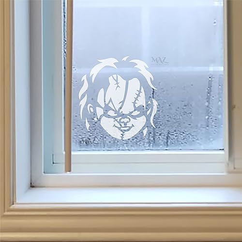 Miniatura 4 de Chucky Doll - Calcomanía de cara aterradora  Pared y decoración de parachoques para ventanas de automóvil, camión, portátil, blanco, MAZ-362