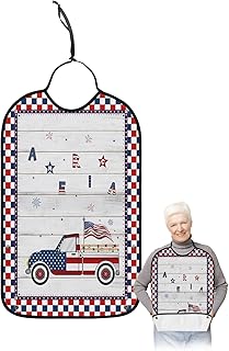 QueenKer Funny Adult Bibs for Eating, Independence Day Plaid Wooden Board Waterproof Clothing Protector Washable Adult Bib with Crumb Catcher for Men Women Elderl and Seniors