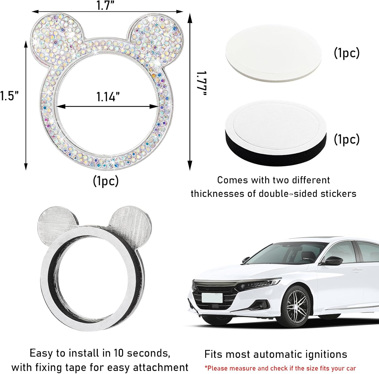 Augeny Bling Car Engine Start Button Cover, Rhinestone Key Ignition Knob Ring, Sparkling Push to Start Button Sticker for Women, Universal Car Accessories for Interior Decoration (1PC, AB) image 2